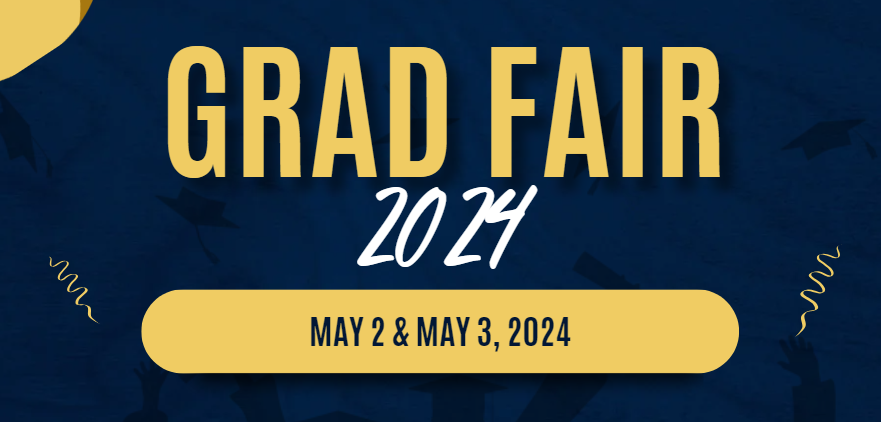 Grad Fair 2024 flyer for NVC Bookstore on May 2 and May 3, 2024.