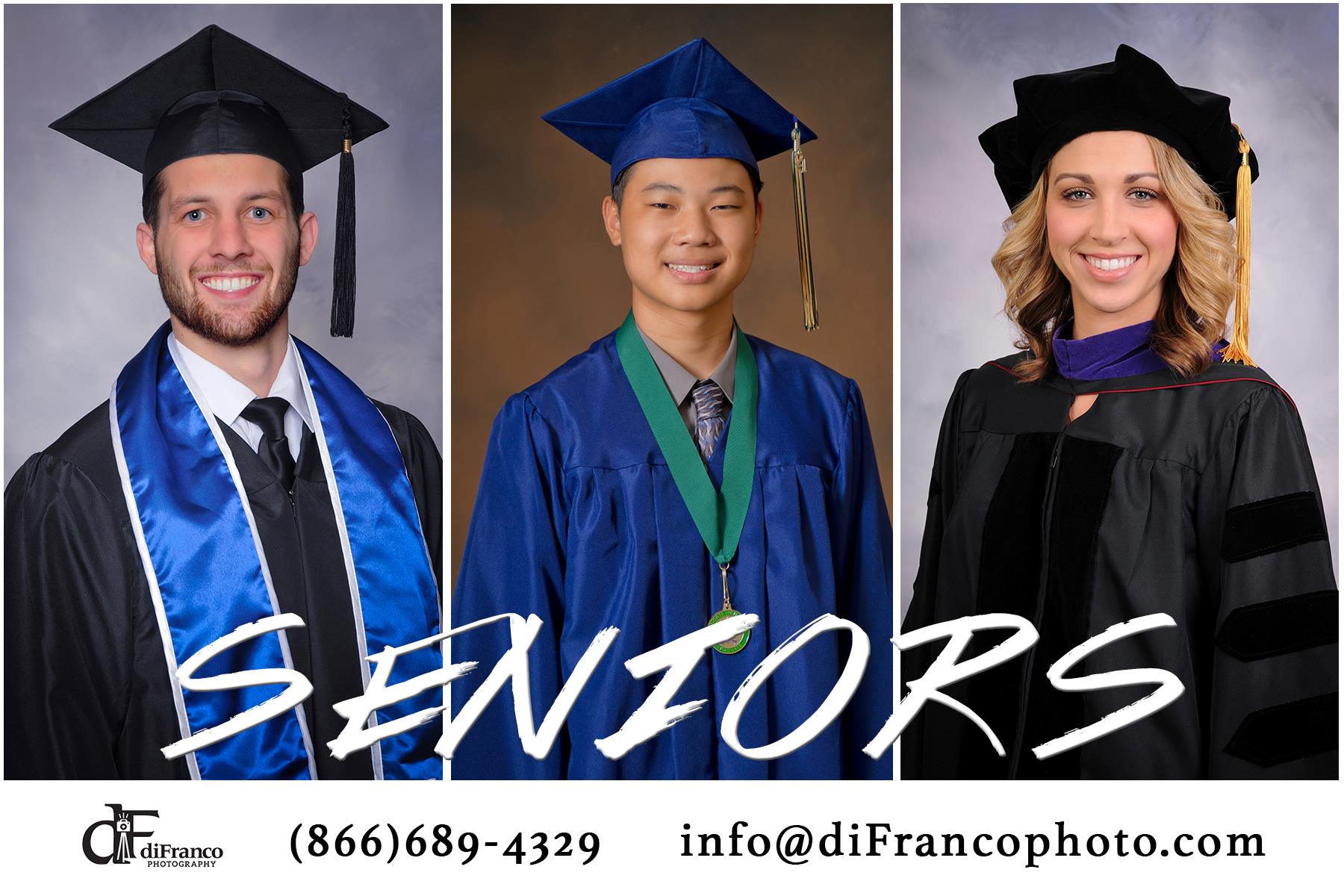 Image of grad photo examples from diFranco Photography. Graduating students wearing cap, gown, and tassel attire.