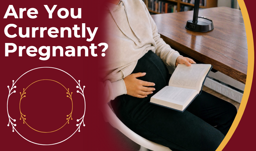 pregnant person reading a book with the word, "are you currently pregnant?"