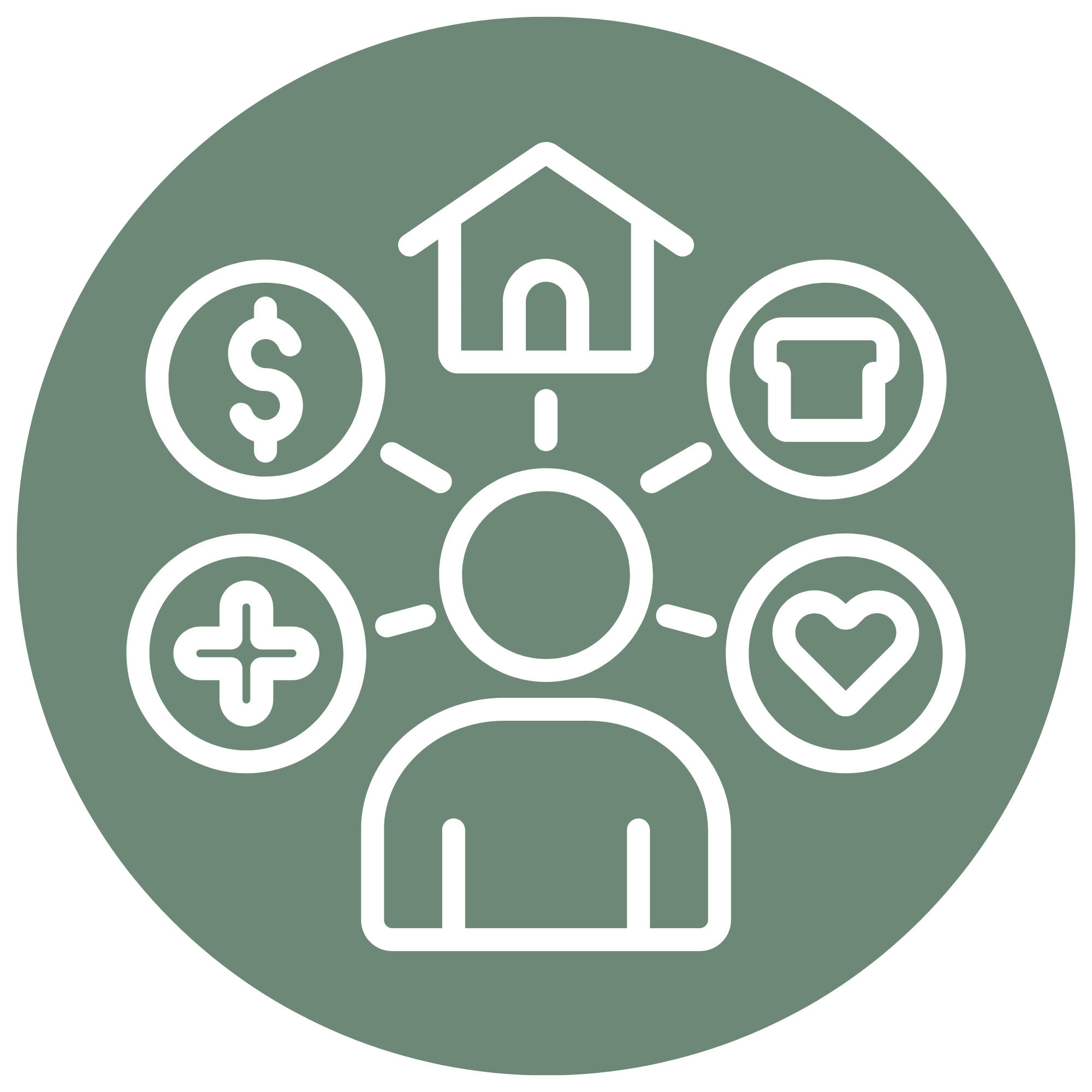 Person icon with lines surrounding it connecting to representations of housing, clothing, health, and money