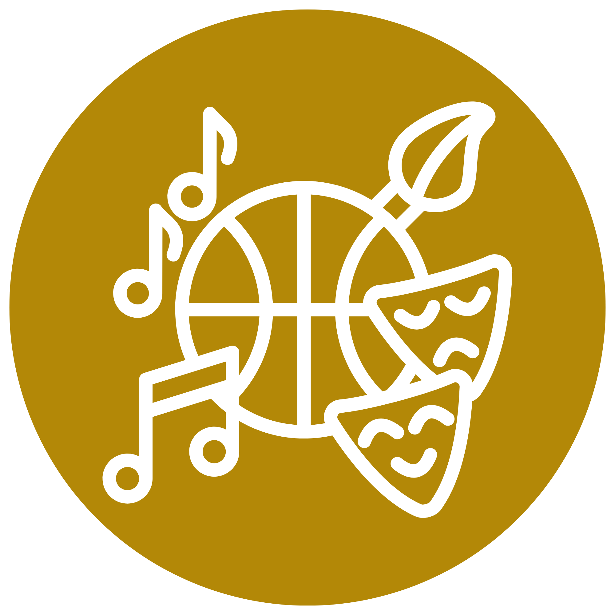 Basketball, music notes, paint brush, and drama masks