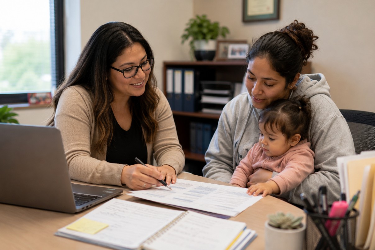Image of woman with child on her lap looking at paperwork with another woman